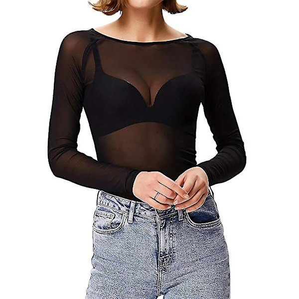 Kvinners gjennomsiktig langarmet sømløs arm shaper topp mesh skjorte bluse-WELLNGS Black S