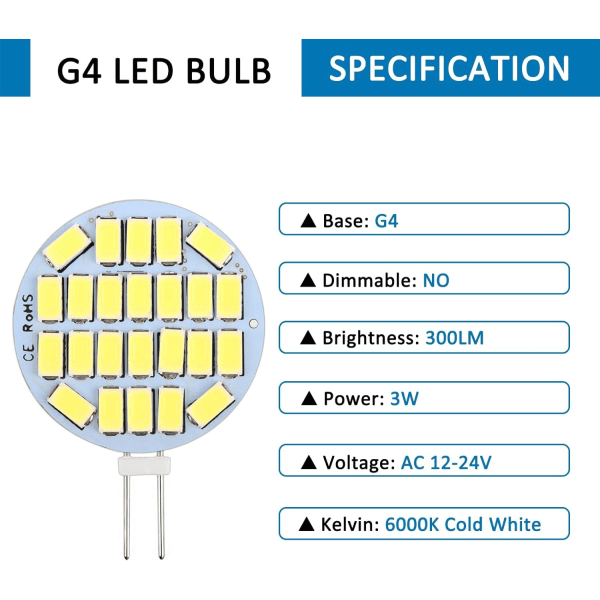 G4 LED 3W, AC12-24V, 300LM Cool White 6000K, 24x5730 SMD 6-pack-WELLNGS