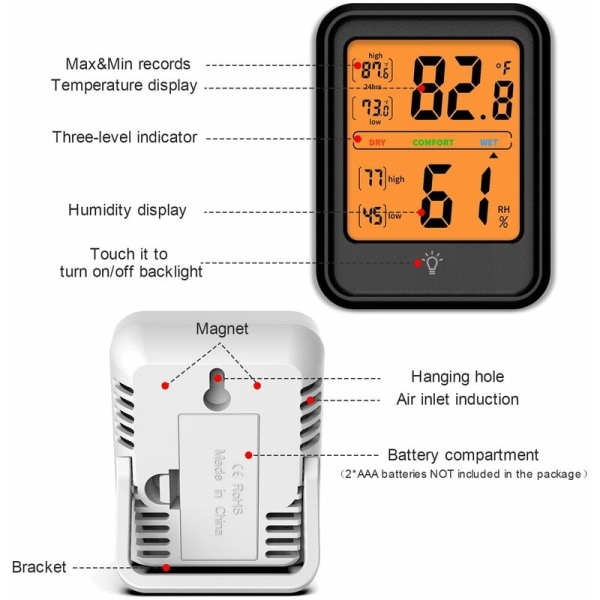 Stor skjerm hvit elektronisk temperatur- og fuktighetsmåler trådløs værstasjon tørr- og fuktighetsmåler,-WELLNGS
