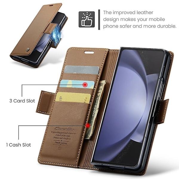 För Samsung Galaxy Z Fold5 CaseMe 023 Fjärilspänne Lychee Grain RFID Stöldskydd Läder Telefonfodral-WELLNGS Brown