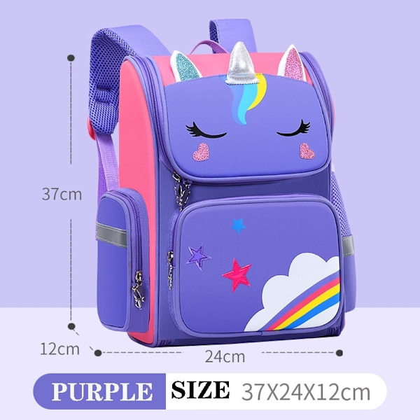 Ryggsäck för grundskoleelever Enhörning 3D Cartoon Skolväska Barn Ny Kindergarten Väska Flicka Pojke Söt Regnbåge Mochila Escolar-WELLNGS purples