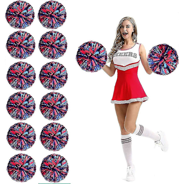 12 st Cheerleading Pom Poms med Fingerhål Metallisk Folie Cheer Pom Poms-WELLNGS Medium Red Blue