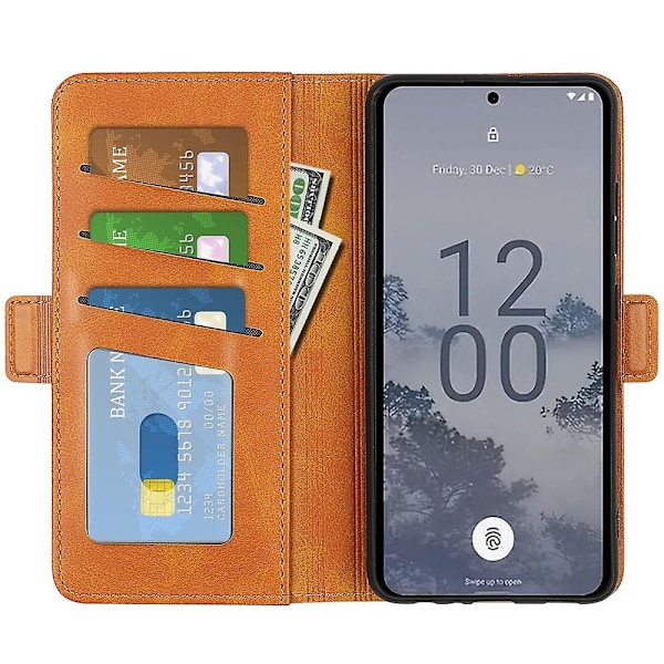 Nokia X30 5G:lle iskunkestävä vasikannahkainen puhelinkotelo, jossa on läppä, lompakko ja jalusta - WELLNGS Yellow