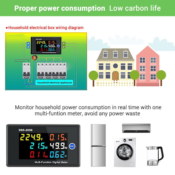 Multifunktionell enfas digital mätare LCD-display AC spänning AC ström effektfrekvens elektrisk energi kraft -WELLNGS AC40-300V