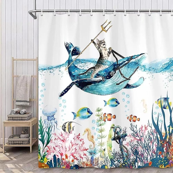 Morsom katt dusjforheng, kult katt dinosaur japansk havbølge dekor stoff baderom gardiner, barn rustikk tre dusjforheng-WELLNGS 1502sd 180x210cm-70x83in