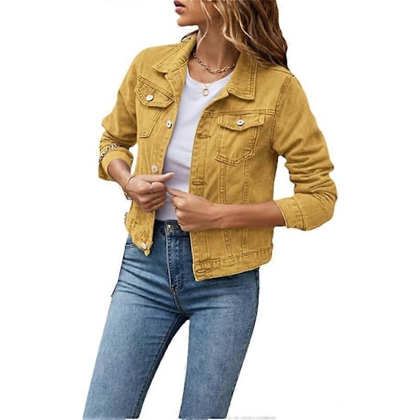 Dame Denimjakke Casual Lang Erme Krage Solid Farge Knapp Lomme Slank Passform Denimjakke Vår Høstjakke med Lommer - WELLNGS yellow M