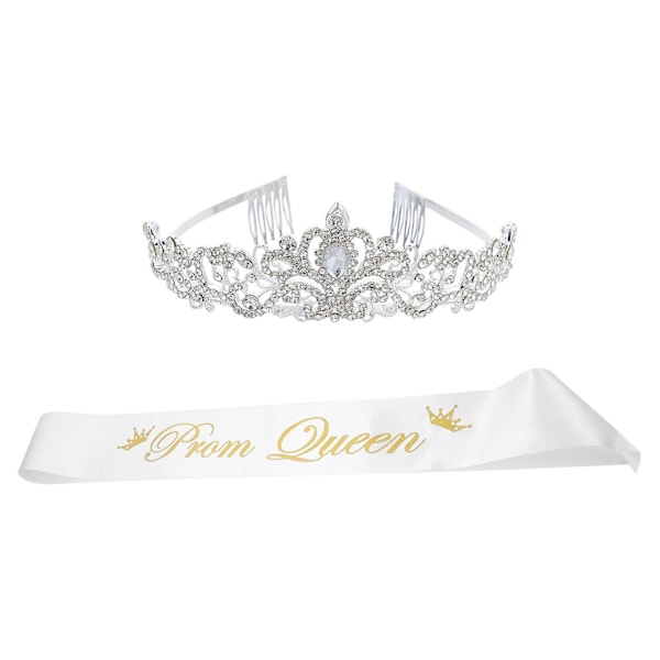 2pcs Prom Queen Sash and Crystal Rhinestones Crown Set Wedding Party Headdress-WELLNGS