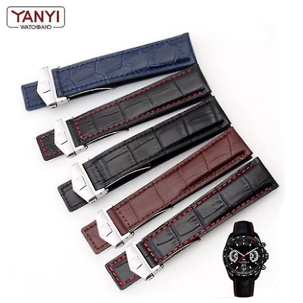 Tag Heuer Ekte Lær Rem 19mm 20mm 22mm Herre Armbånd Rem med Foldespenne - Svart/Rød/Svart-WELLNGS black red silver 19mm