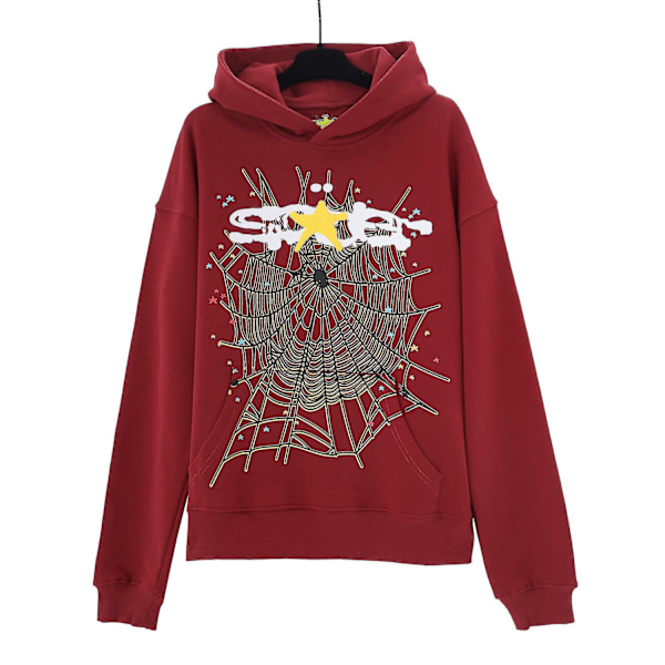 Stjerneprint Brev Edderkop Web Print Hoodie til Mænd og Kvinder Hip Hop Løs Mesh Print Tynd Sweatshirt Hoodie-WELLNGS 144 maroon red L