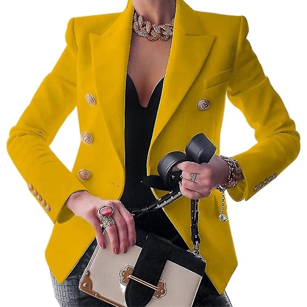 Kvinders Casual Lapel Langærmet Dobbeltradet Slim Work Office Blazer Jakke-WELLNGS yellow M