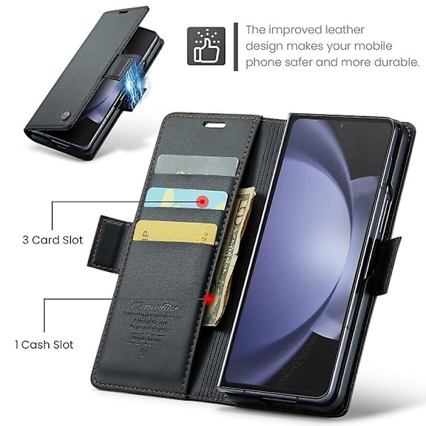 Til Samsung Galaxy Z Fold5 CaseMe 023 Sommerfugl Spænde Lychee Korn RFID Tyverisikring Læder Telefon Cover - WELLNGS Black