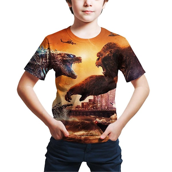 2024 Børn Drenge Piger 3D Godzilla VS Kong Tryk Lækker Kortærmet T-Shirt Sommer Tee Tops 4-9 År Gaver-WELLNGS B 7-8 Years