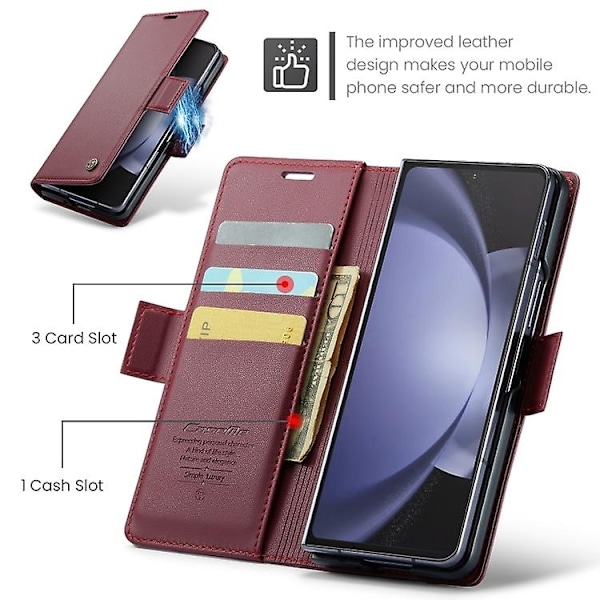 Til Samsung Galaxy Z Fold5 CaseMe 023 Sommerfugl Spænde Lychee Korn RFID Tyverisikring Læder Telefon Cover - WELLNGS Wine Red