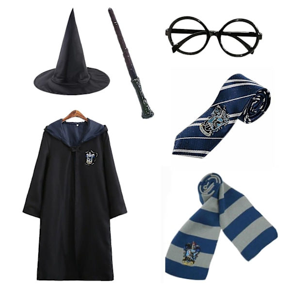 Harry Potter 6-delars set magisk trollkarl Cosplay Maskeraddräkt Kappa Mantel Kostym-WELLNGS Blue 115cm (3-4 years)