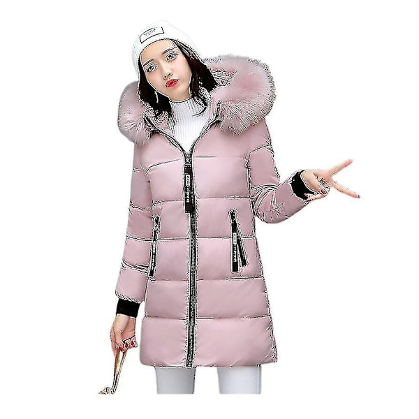 Jackor för Kvinnor Vinterjacka Kvinna Parka Stor Pälskrage Huva Tjock Varm Lång Kvinnlig Rock Casual Ytterkläder Dunbomullsjacka Parkas-WELLNGS PINK XXXL