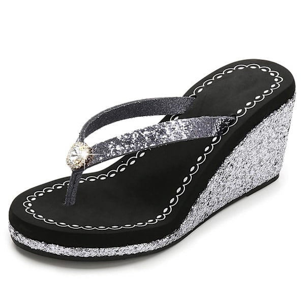 Kilklackor med kilklack för kvinnor, öppen tå, höga klackar, halkfria, mjuka strass, glitter, Gem-WELLNGS Black US 6