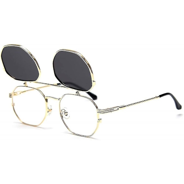 Flip Up Solbriller Menn Kvinner Polariserte Steampunk Flip Solbriller med Doble Linser UBM-WELLNGS Gold Frame-Gray Lens