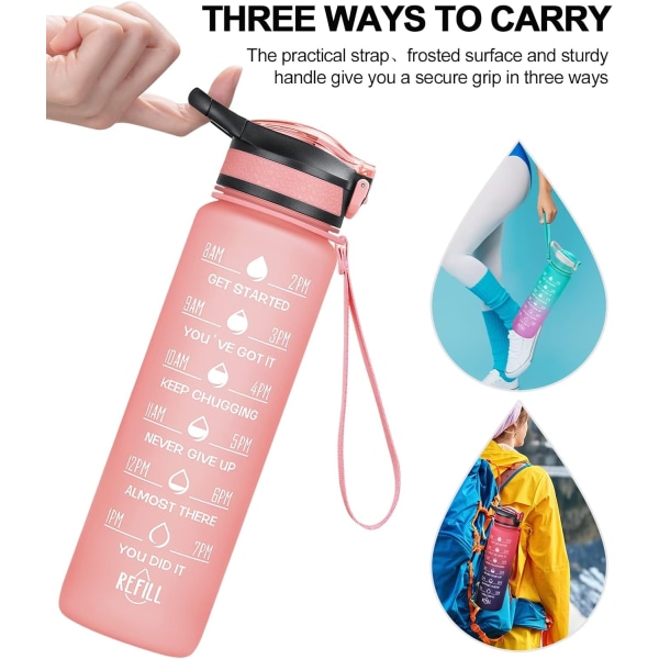 Vandflaske med sugerør og håndtag med spænde, pink (1 liter)-WELLNGS