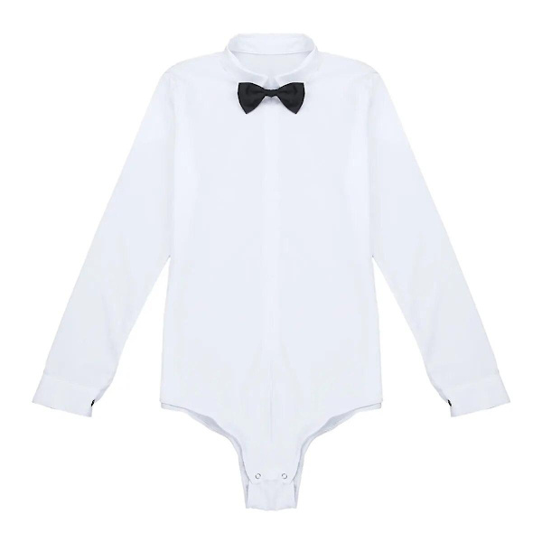 Miesten vetoketjullinen latinalaistanssipaita rusettilla, yksivärinen haalaripaita, miesten latinalaistanssiasut, pitkähihaiset vartalopaidat - WELLNGS White XL