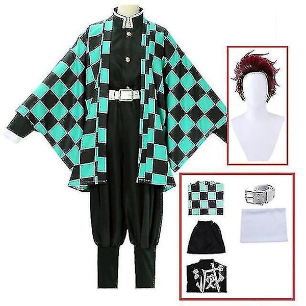 Demon Slayer Kimetsu No Yaiba Tanjirou Kamado Cosplay Kostyme Kimono Jule Anime Uniformsett for Voksne Barn-WELLNGS 6 piece set 130