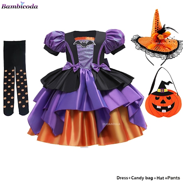 Flickor Fancy Pumpa Halloween Klänning Barn Cosplay Bat Print Häxkostym Semesterfest Klänning Barn Prinsessklänning 5-6 År Gammal (120)-WELLNGS 5-6Y(120) a-6