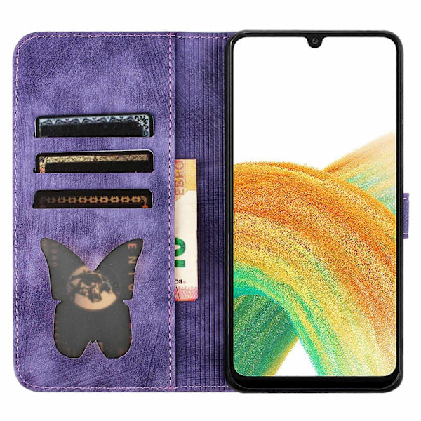Kompatibel med Samsung Galaxy A15 4G/ A15 5G Kortfack Fodral Fjäril Katt Läder Plånbok Telefonfodral-WELLNGS Purple