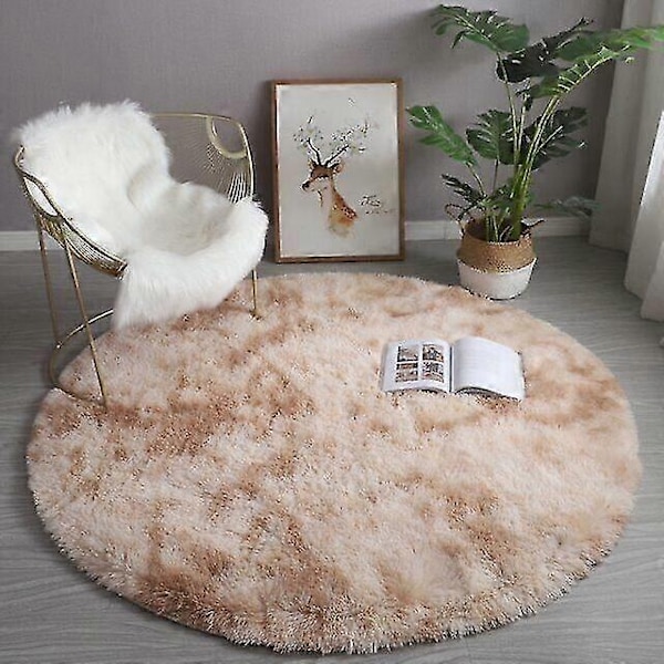 Plys Rundt Tæppe Fluffy Hvide Tæpper til Stue Blød Boligindretning Soveværelse-WELLNGS Tie Dye Camel Diameter 120cm