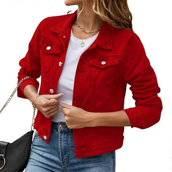 Dame Kortærmet Denimjakke med Knapper og Lommer - WELLNGS Red M