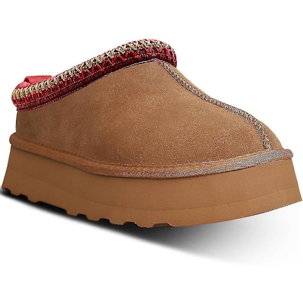 Dames Platform Mini Støvle-Tøfler, Dames Indendørs Tøfler, Slip-On Pelsklædte Shearling-Foret Suede Ankelstøvler - WELLNGS Brown EUR41