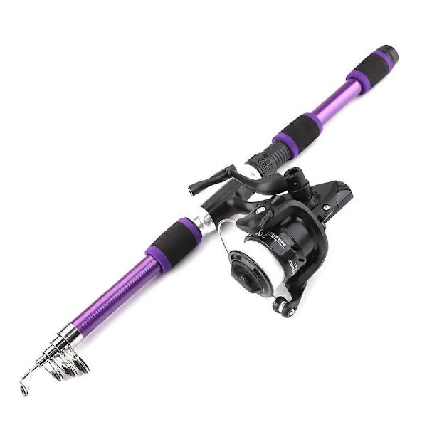 Bärbart 1,8m Teleskopiskt Fiskespö 5.5:1 Utväxling Spinnfiske Rulle Set med Fiskelina Fiskeutrustning Spö Combo-WELLNGS purple