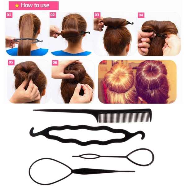 4st/ set Svart plast gör-det-själv-stylingverktyg Dra hårklämmor för kvinnor hårnålar Kam hårbullar Dount Twist Hårverktyg-WELLNGS