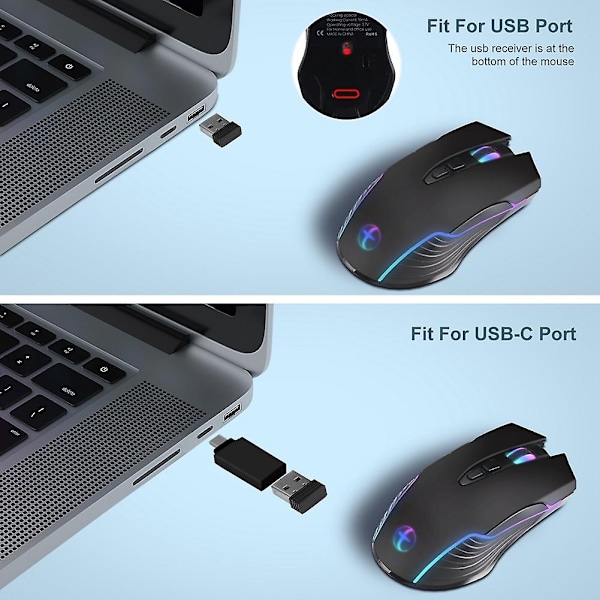Trådløs mus med musebevegelse LED-oppladbar 2.4G mus ergonomisk mini mus USB optiske mus 1600 DPI-WELLNGS