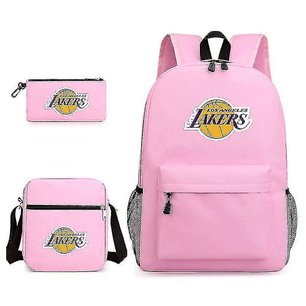 Kolmiosainen koululaukku Lakers -painatus Kynäpussi Olkalaukku Laadukas korkea laatu-WELLNGS pink Three piece set