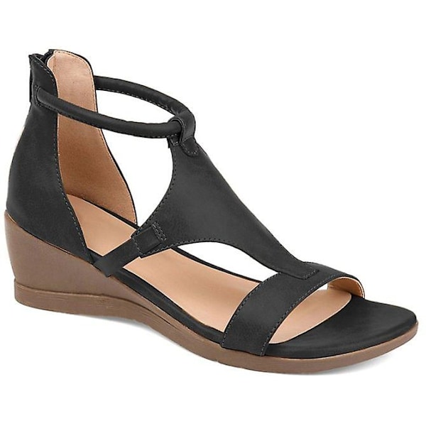 Kilklackssandaler för kvinnor med öppen tå, läderskor med medelhög klack, dragkedjesandal, sommarsandal, casual sandal-WELLNGS Black 42