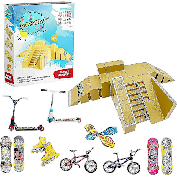 STASHABLES Finger Skateboard Ramp Set Finger Skateboard Park Kit 16 deler Skateboard Park Kit Inkluderer Skateboard, Rampe, Scooter, Skøyter - WELLNGS