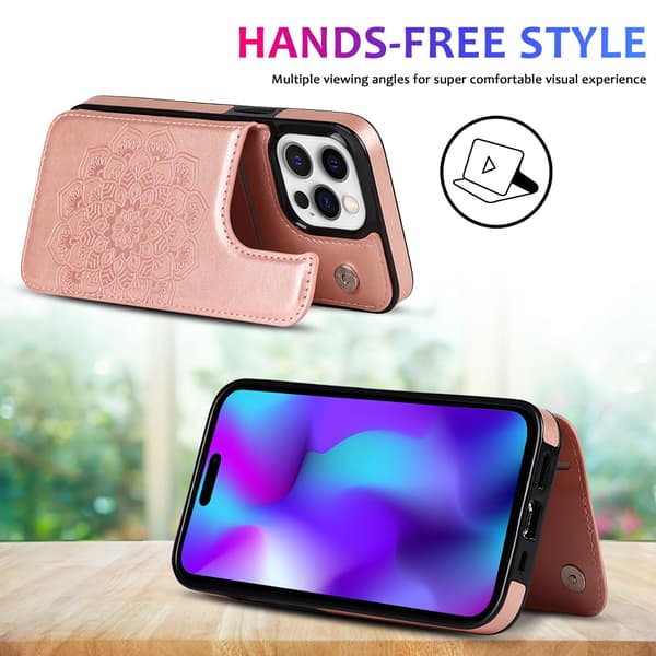 iPhone 17 Pro Max skal med kortfack, blomformad magnetlås, plånboksdesign, rosa pink iPhone 17 Pro Max