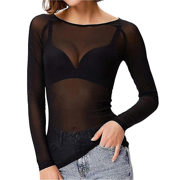 Kvinder Gennemsigtig Langærmet Sømløs Arm Shaper Top Mesh Skjorte Bluse-WELLNGS Black XXL