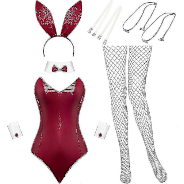 Kanin Kostume Kvinder Lingeri og Haler Bodysuit Rolleleg Kanin Outfit Sæt til Halloween Jul Kostume Z-WELLNGS Wine Red XL