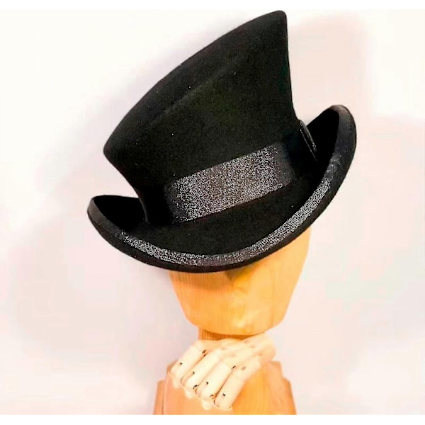 Epäsymmetrinen silinterihattu, villahattu, naisten, miesten, unisex-hattu, steampunk-hattu, silinterihattu, muoti, nauhakoristeinen hattu, päänsuoja miehille - WELLNGS Black