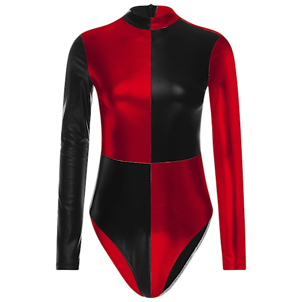 Dam glänsande metallicballet dans leotard vuxna gymnastik body långärmad lappverk akrobatik konståkning jumpsuit-WELLNGS Red A XL