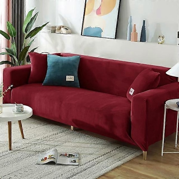 Vinterfløjlssofabetræk Kompatible med stue Elastiske møbelsofabetræk Chaiselong Hjørne L-formet sofabetræk 1 /2 /3 /4-WELLNGS wine red 3seater 185-230cm