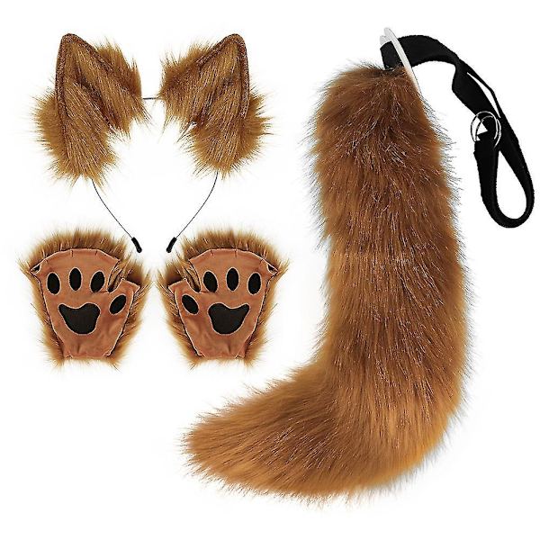 Konstgjord Pälsräv Svans Katt Varulv Cosplay Kostym Set Plysch Mask Fluffiga Tassar Handskar Halloween Jul-hao-WELLNGS Fox