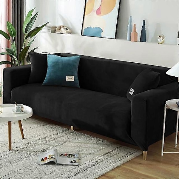 Vinter Sammetssofföverdrag Kompatibla med Vardagsrum Elastiska Möbelsofföverdrag Schäslong Hörna L-formad Sofföverdrag 1 /2 /3 /4-WELLNGS black 1seater 90-140cm