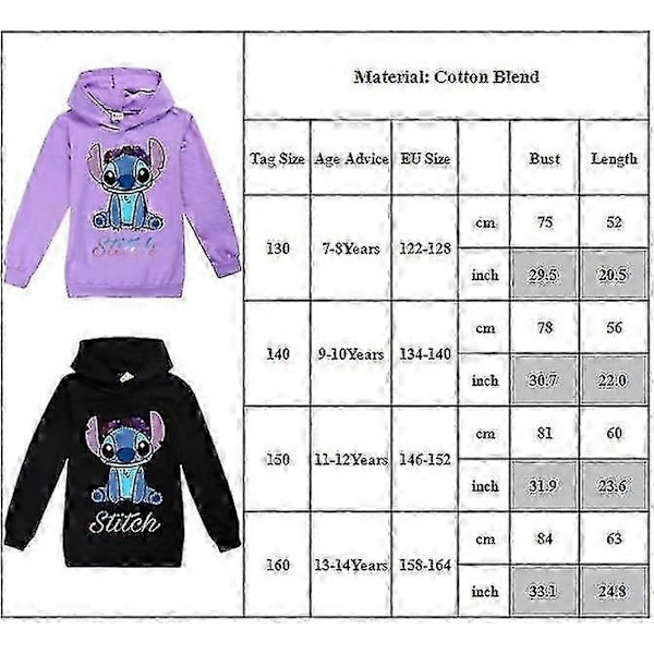 Barn Pojkar Flickor Söt Stitch Tryck Ärm Huvtröja Pullover Toppar Casual Huvtröja-WELLNGS Black 13-14 Years