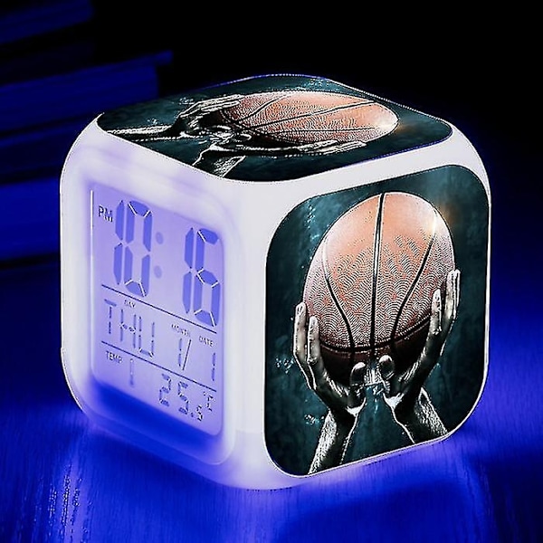 Basketball Vækkeur 7 Farver Skift Multifunktion Noctilucence Elektronisk Ur Børneværelse Vågne Timer Fødselsdag Gave til Barn Tw-WELLNGS Black