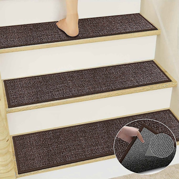 15-pack Stora Jute Trappsteg - Halksäker Gummisula, 30x8 Trappmatta, Medium Höjd, Enfärgad, Vävd, för Mattklädda Trappor - WELLNGS Deep Brown 15pcs