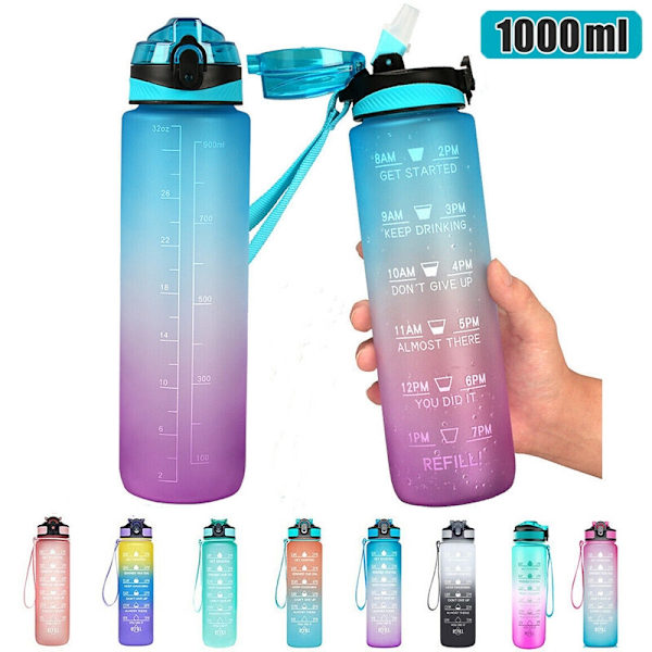 2-pack - 1 liters vattenflaska med sugrör och timer - WELLNGS Black
