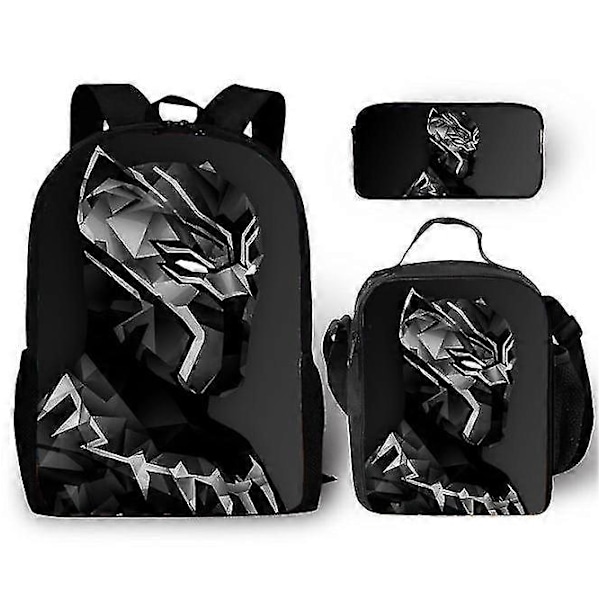 Set med 16 tum 3D-tryckt Black Panther Ryggsäck för Barn Pojkar Flickor Barn Cartoon Ryggsäck + Lunchväska + Pennfodral - WELLNGS T5
