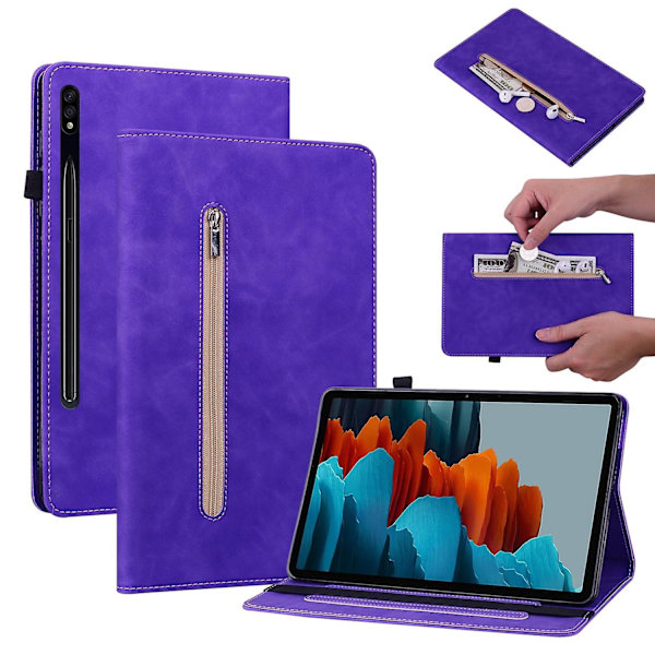 for Samsung Galaxy Tab S9+ PU Læder Tablet Etui Lynlås Lomme Kortspor Pung Stativ Cover-Lilla-WELLNGS Purple