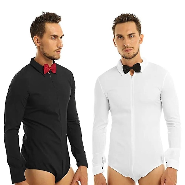 Herre Glidelås Latin Dans Skjorte med Sløyfe En Del Romper Skjorter Ballroom Dansetøy for Menn Lang Ermet Bodysuit Skjorter-WELLNGS White 3XL